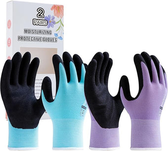 HandLove 2 Pairs Gardening Gloves for Women-Moisturizing Durable Work Gloves.Latex-freeSandy Nitrile Coated for Yard Garden,Touchscreen Friendly Protective Work with Grip, Small,Blue&Purple