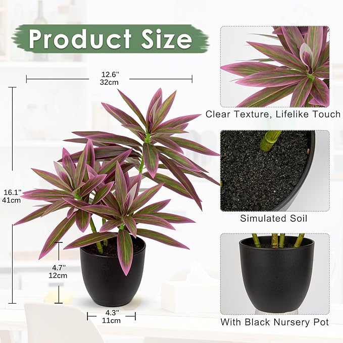 Faux Plants 16.1" Dracaena Artificial Plant Realistic Fake Plants in Pot Small Indoor Plants Fake Potted Plants Artificial Decor for Home Living Room Bathroom Office House Table Desk Shelf, Pink