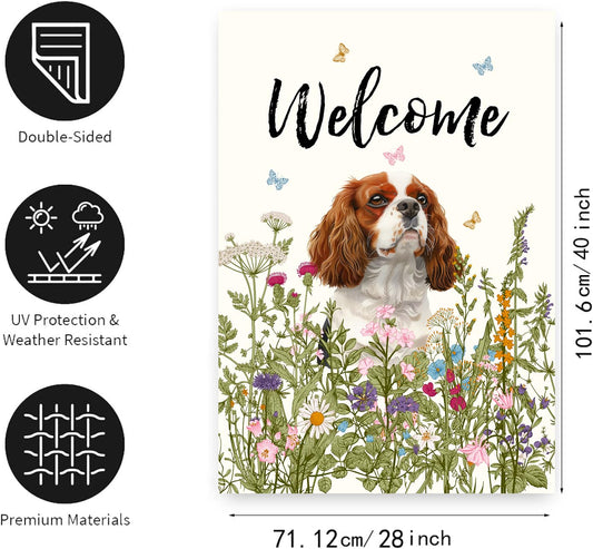 Floral Cavalier King Charles Spaniel Garden Flag Spring Summer House Flags 28 x 40 Double Sided Flower Dog Yard Flags for Outside Large Outdoor Welcome Flags