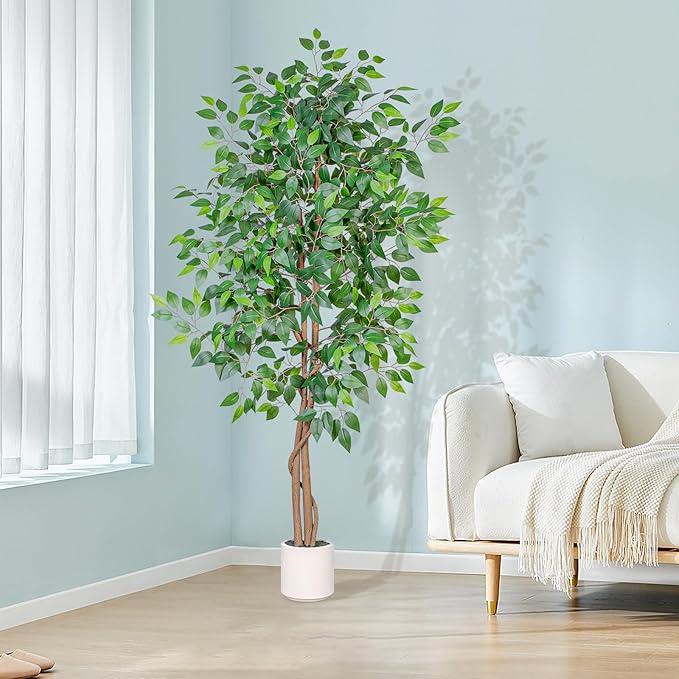 VIVATREES 6FT Artificial Ficus Tree with White Planter, Realistic Faux Silk Indoor Outdoor Plant for Home Office Living Room, Porch, Garden Decor