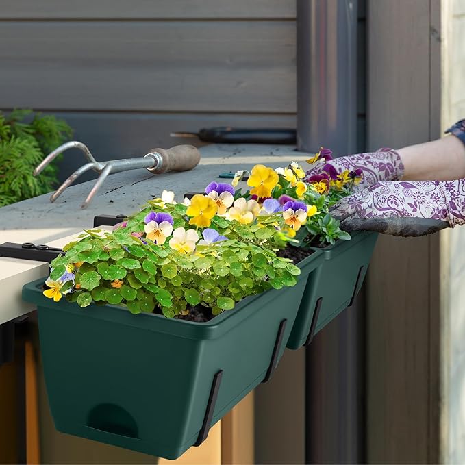 smusei 4 Pack Railing Planter Box Window Boxes Planters, 17'' Rectangular Deck Railing Planter Balcony Hanging Planters with Adjustable Flower Box Brackets for Fence Outdoor Patio Porch