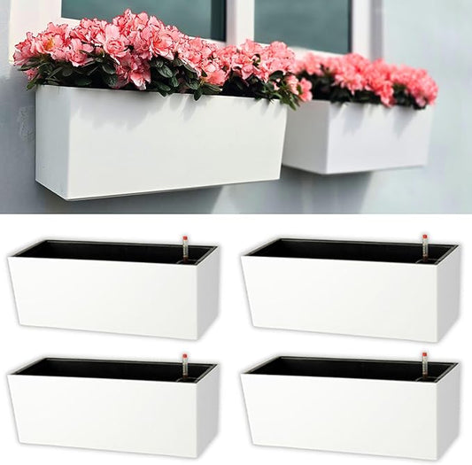 LaLaGreen Wall Hanging Planter Outdoor (20 Inch, 4 Pack) Wall Mounted Self Watering System Window Boxes with Bracket, White Rectangular Plant Pot Flower Box Container Indoor Modern Herb Kitchen Decor