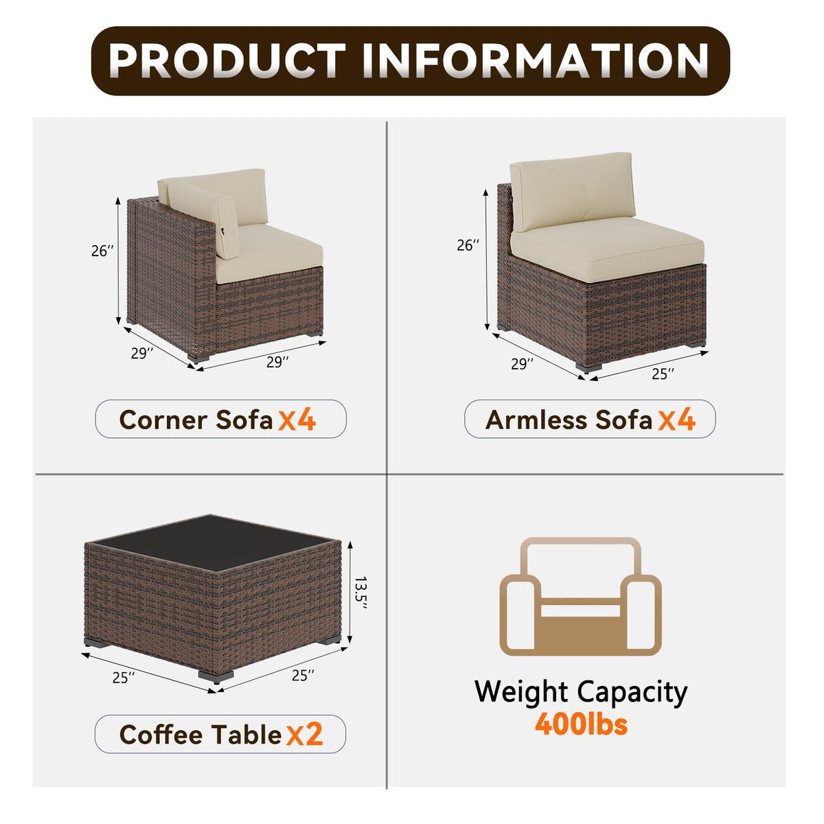 Aoxun Patio Furniture Sets, 10-Piece Outdoor Patio Furniture with Thick Cushions, Wicker Outdoor Conversation Set Sectional Sofa for Backyard, Poolside, Garden