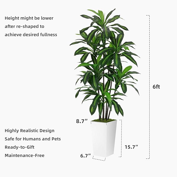 Artificial Dracaena Plant 6FT - Fake Tree with White Tall Planter - Faux Yucca Tall Fake Floor Plant in Pot - Artificial Trees for Home Office Living Room Decor Indoor