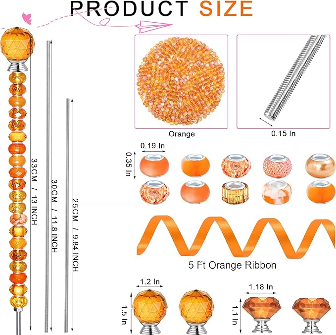 119 Pcs Garden Stake DIY Fairy Wand Plant Stake with Orange Large Hole Beads Crystal Diamond Stopper Top 4 Stainless Steel Threaded Rod Beaded Garden Stakes for Outdoor Indoor Yard Patio Decorations