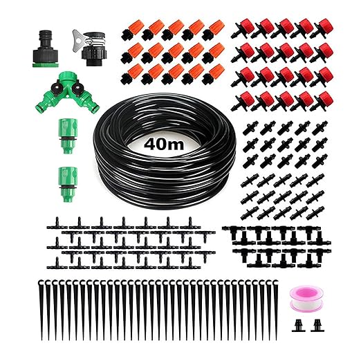 Drip Irrigation Kit 131FT 158PCS with 1/4" Black Distribution Tubing, Automatic Watering System for Garden, Greenhouse, Patio, Flower Bed, Lawn