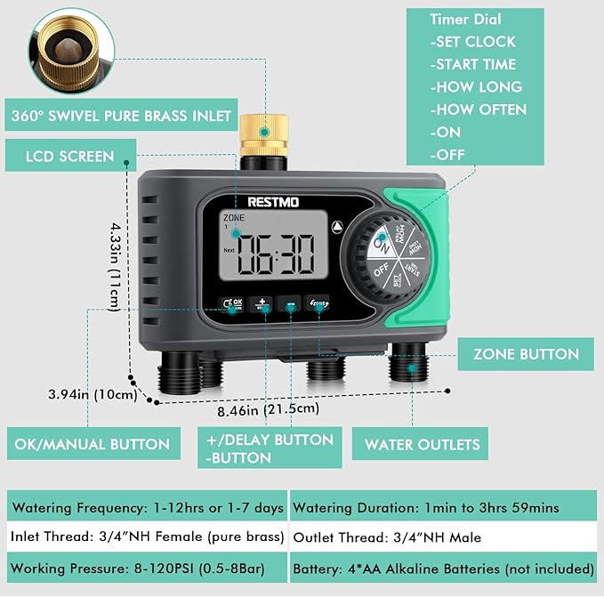 RESTMO 4-Outlet Sprinkler Timer with Brass Inlet, 4 Zone Programmable Water Timer for Garden Hose, Automatic Digital Control | Manual ON/Off | Rain Delay, for Outdoor Faucet, Drip Irrigation and Lawn