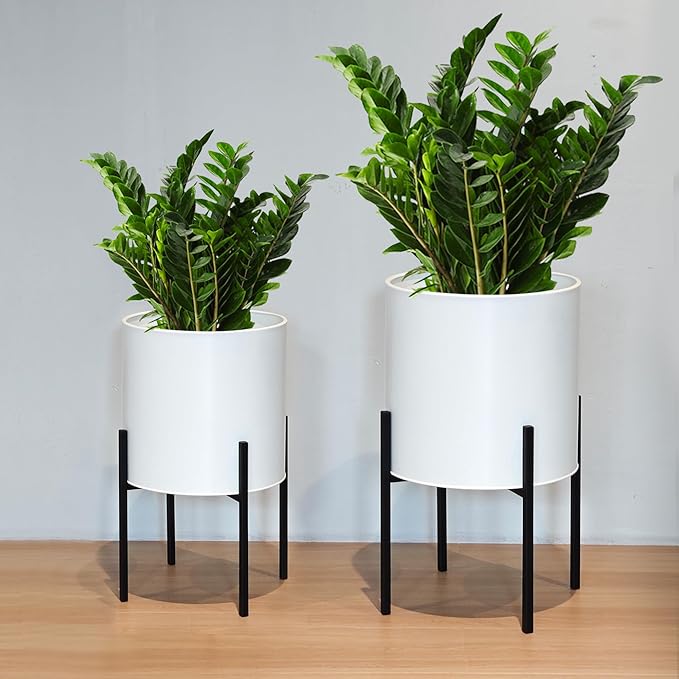 ARNIS Modern Plant Pots, Large Planters with Stand, Set of 2 Decorative Planters, Metal Pots with Drainage Holes for Living Room, Office, Garden or Balcony, 10.5 &12.25 Inch, White