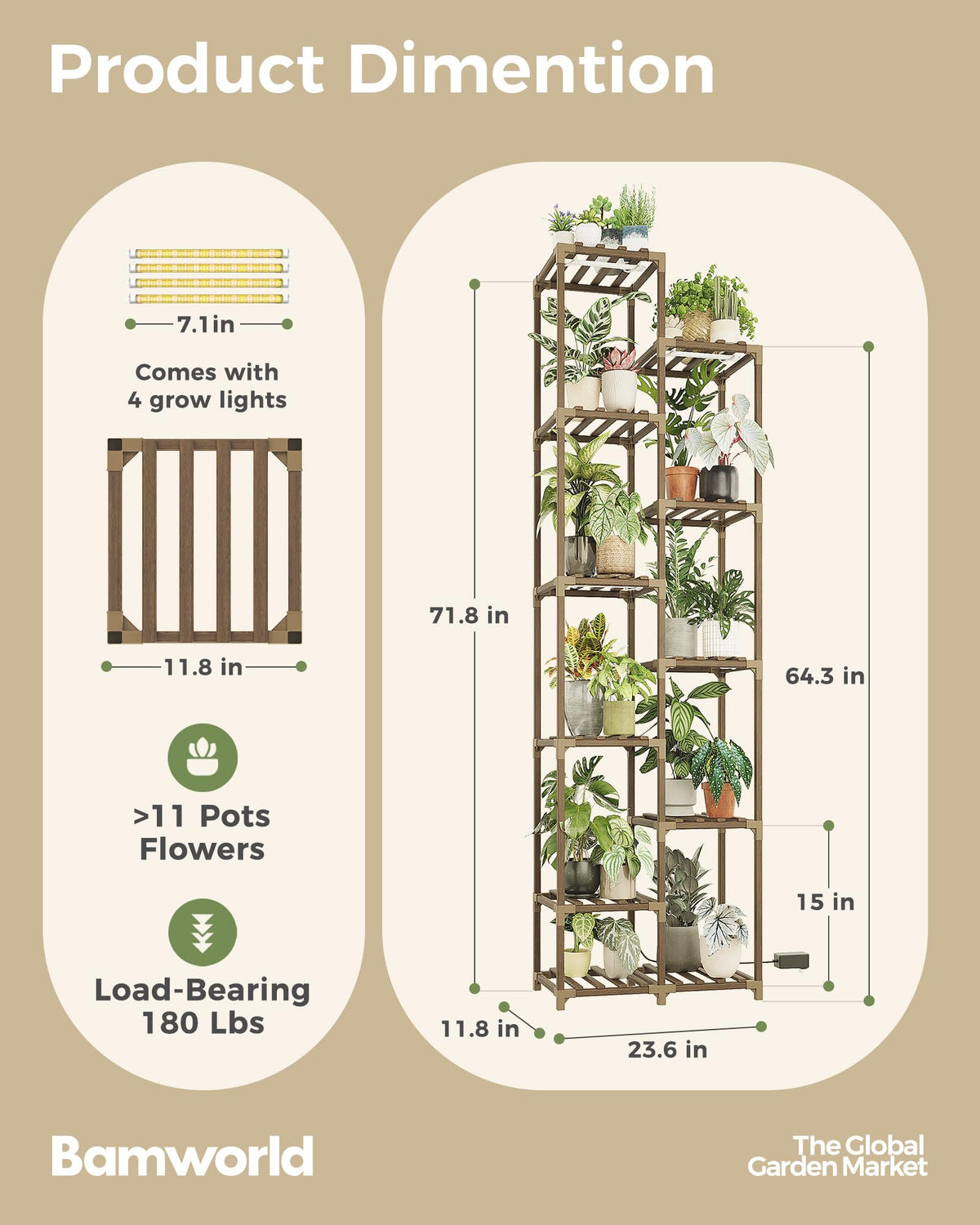 Bamworld Plant Stand with Grow Lights, 11 Tier Tall Large Wood Plant Shelf