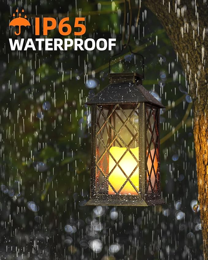 Otdair Solar Lanterns Outdoor Waterproof, 2 Pack 14" Solar Lantern with Glass Retro LED Flickering Flameless Candle,Lanterns Decorative Outdoor for Gift, Yard, Garden, Patio, Balcony,Porch, Party