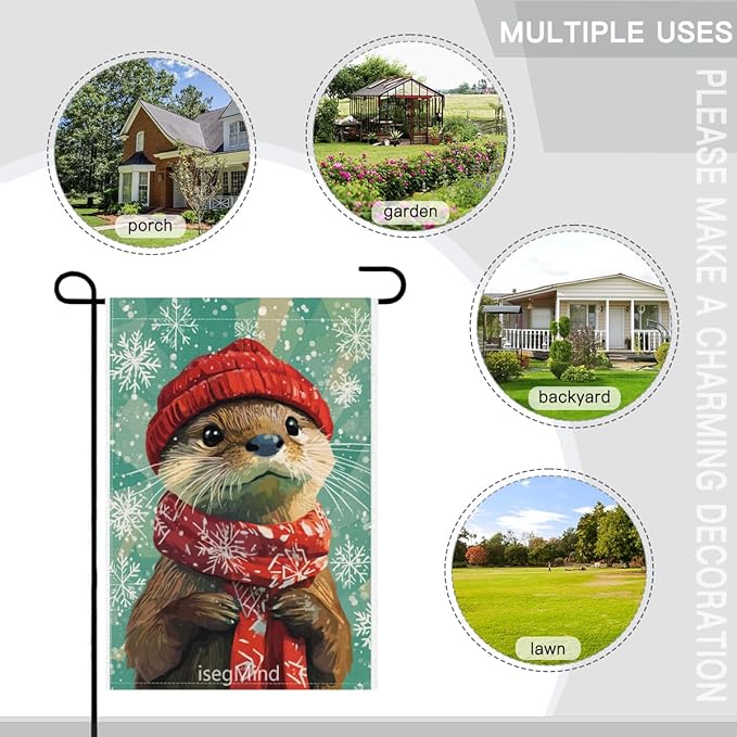 Otter with Red Scarf and Hat Snowflake Christmas Garden Flag, 28x40 Inch Double Sided Linen Holiday Red Winter Farmhouse Yard Outdoor Decoration (4329)