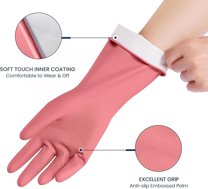 Rubber Cleaning Gloves for Dishwashing, 4 Pairs Reusable Kitchen Gloves for Washing Dishes and Household Cleaning, Pink Dish Gloves with Flocked Lining and Non-Slip Grip, Pefect for Woman Men - L