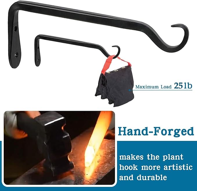 Worth Garden 6-Pack 7" Plant Hanger Bracket - Forged Wrought Iron Powder-Coated Heavy Duty Wall Hook - Black Hanging Hooks - Durable and Stable for Bird Feeders, Planters Indoor & Outdoor