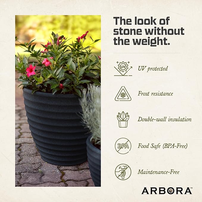ARBORA 13" Ibiza Polyresin Indoor and Outdoor Planter with Classic Black Finish - Durable, Weatherproof, Lightweight, Large Plant Pot for Patio, Garden, Deck, Entryway