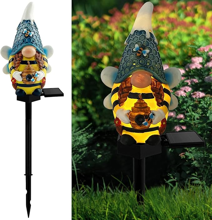Solar Gnome Garden Lights, Outdoor Gnome Statue with Bees & Honey Jars, Solar Powered Fairy Garden Lights Gnome Decorations for Home Outside Yard Lawn Patio Gnomes Gifts (Bee)
