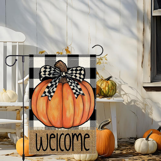 Welcome Buffalo Plaid Fall Garden Flag Pumpkin Garden Flags 12.5x18 Inch Double Sided Small Vertical Autumn Bowknot Thanksgiving For Decor Yard Outdoor Decoration