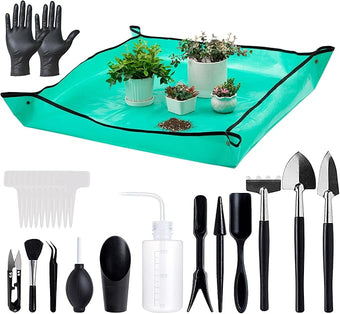 Melphoe 25Pcs Mini Garden Hand Transplanting Succulent Tools Set, 39.4" Thickened Repotting Mat & Plant Tag, Miniature Planting Indoor Fairy Care, Potting, Cactus, Houseplant Bonsai Tool Kit (Black)