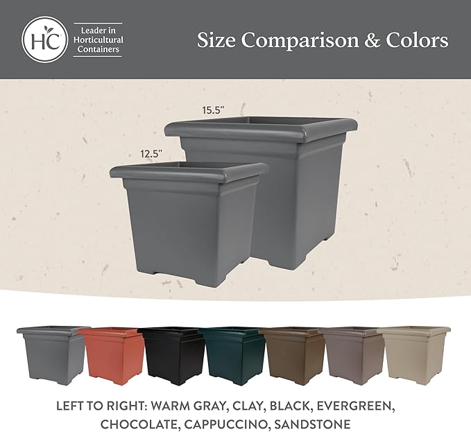 The HC Companies Accent Square Plant Pot w/Drainage - Classic Planters for Outdoor Plants & Indoor Plants - Lightweight & UV-Resistant Square Planter Box (15.5”, Chocolate, Pack of 1)