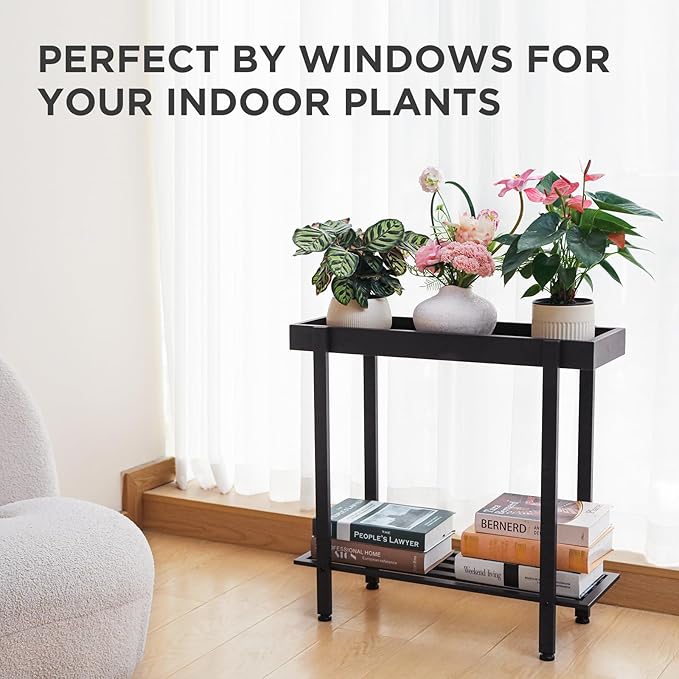 Honla 2 Tier Window Tall Plant Stand Shelf with Tray,Metal Plant Table Bench for Indoor and Outdoor Multiple Plants,26" L x 8.66" W x 24.40" H,Black