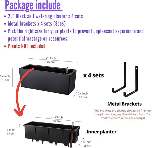 LaLaGreen Wall Hanging Planter Outdoor (4 Pack, 20 Inch) Wall Mounted Self Watering System Window Boxes with Bracket, Black Rectangular Plant Pot Flower Box Container Indoor Modern Herb Kitchen Decor