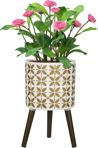 10 Inch Planter with Stand, Modern Plants Pot for Indoor Plants with Legs, Large Planter Pot with Drainage Holes for Outdoor,White/Gold