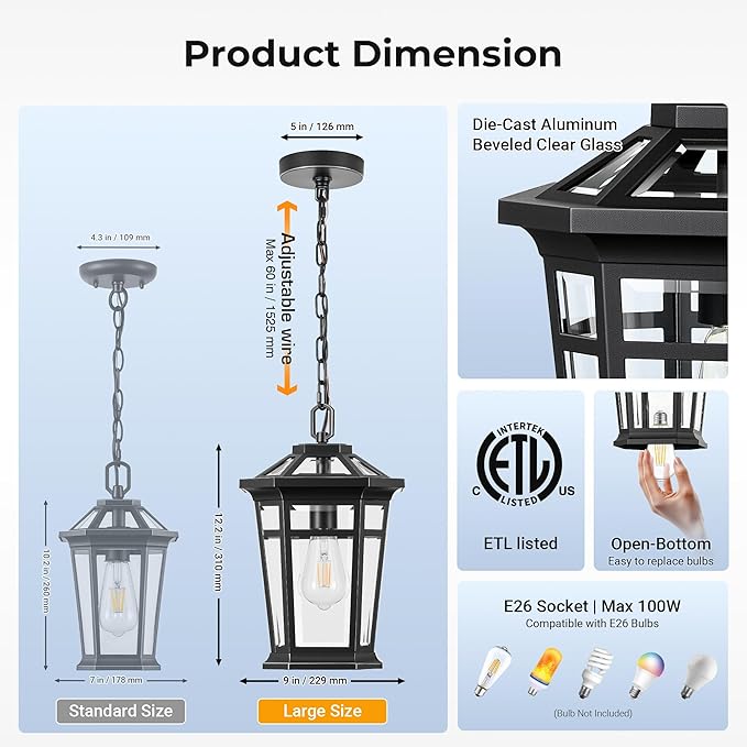 VIANIS Large Outdoor Pendant Lights for Porch, Black Hanging Light Fixture, 100% Aluminum Waterproof Anti-Rust Ceiling Lighting for House, Outside Hanging Lantern for Porch, Garden, Garage, 1-Light