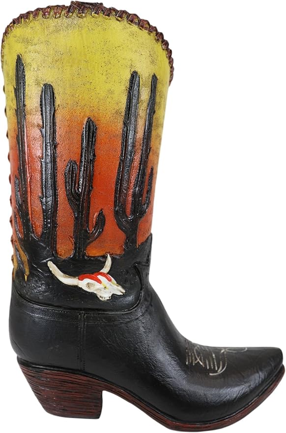 Ebros Gift Rustic Western Faux Tooled Leather Cowboy Cowgirl Boot with Sunrise Dawn Desert Cactus and Cow Skull Decorative Figurine Or Floral Vase Planter Table Countertop Accent