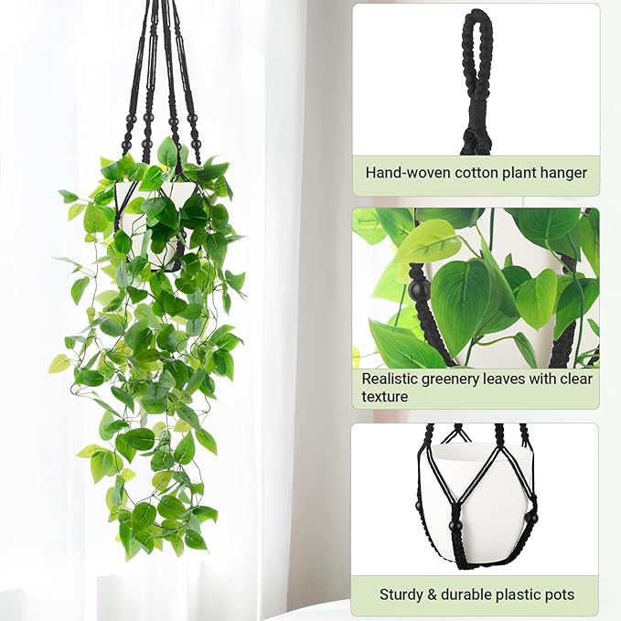 Mkono Fake Hanging Plant with Pot, Artificial Plants for Home Decor Indoor Macrame Plant Hanger with Fake Vines Faux Hanging Planter Greenery for Bedroom Bathroom Kitchen Office Decor (1, Black)