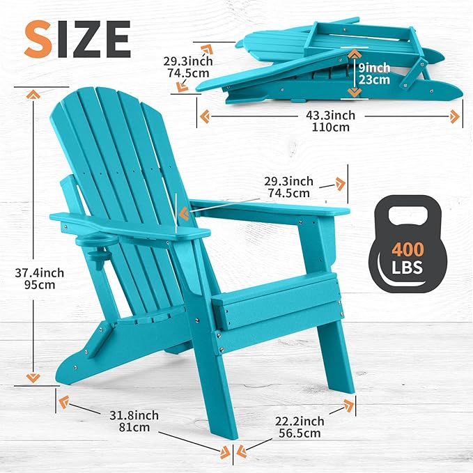 FUNBERRY Folding Adirondack Chair Set of 4, All Weather HDPE Fire Pit Chairs with Cup Holder for Outdoor