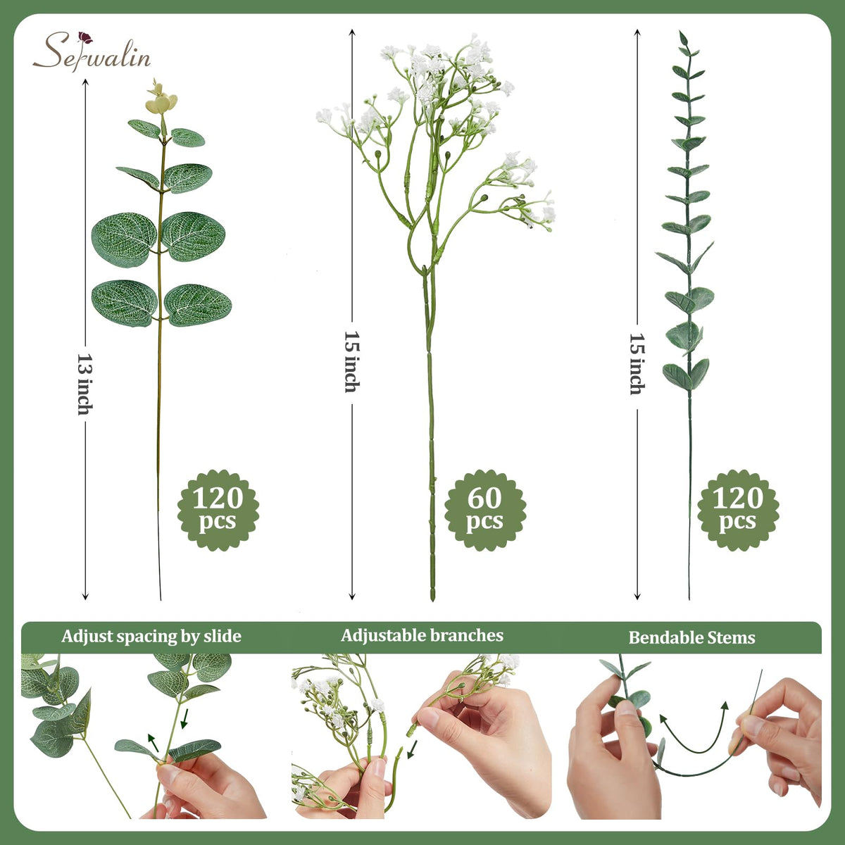 Serwalin 300PCS Mixed Eucalyptus Stems with Baby's Breath Greenery