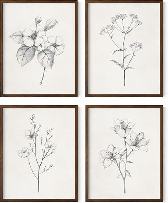 Haus and Hues Grey Floral Wall Art - Set of 4 Plant Posters for Wall Vintage, Botanical Prints, Black and White Flower Pictures for Room Aesthetic, Farmhouse Bathroom, Rustic Art (Walnut Frame, 11x14)