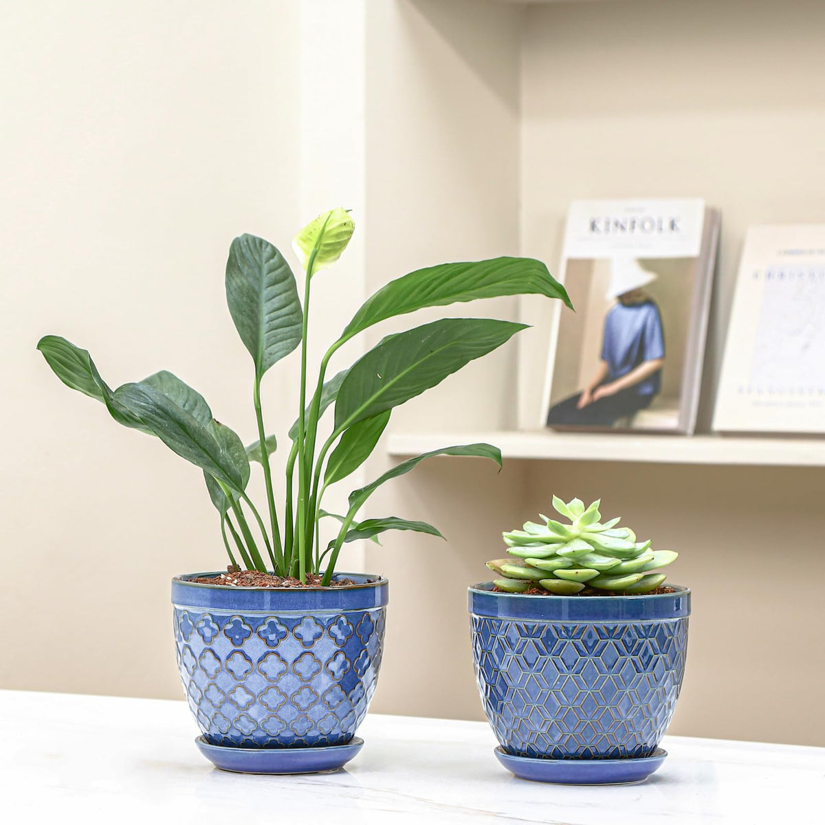 Sureasy Ceramic Indoor Plant Pots - 5.6 Inch Flower Pots for Plants with Drainage Hole and Saucer, Embossed Planter for Succulents, Orchid, Cactus, Indoor Home Decor, Set of 4, Blue