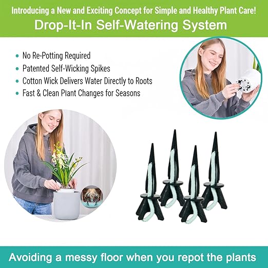 GreenShip 4 Pack Self Watering Spikes for Indoor & Outdoor Plants, Automatic Plant Watering Stakes, Patented Wick Spikes, Vacation Use (Large(for Height 17"+ Planter))