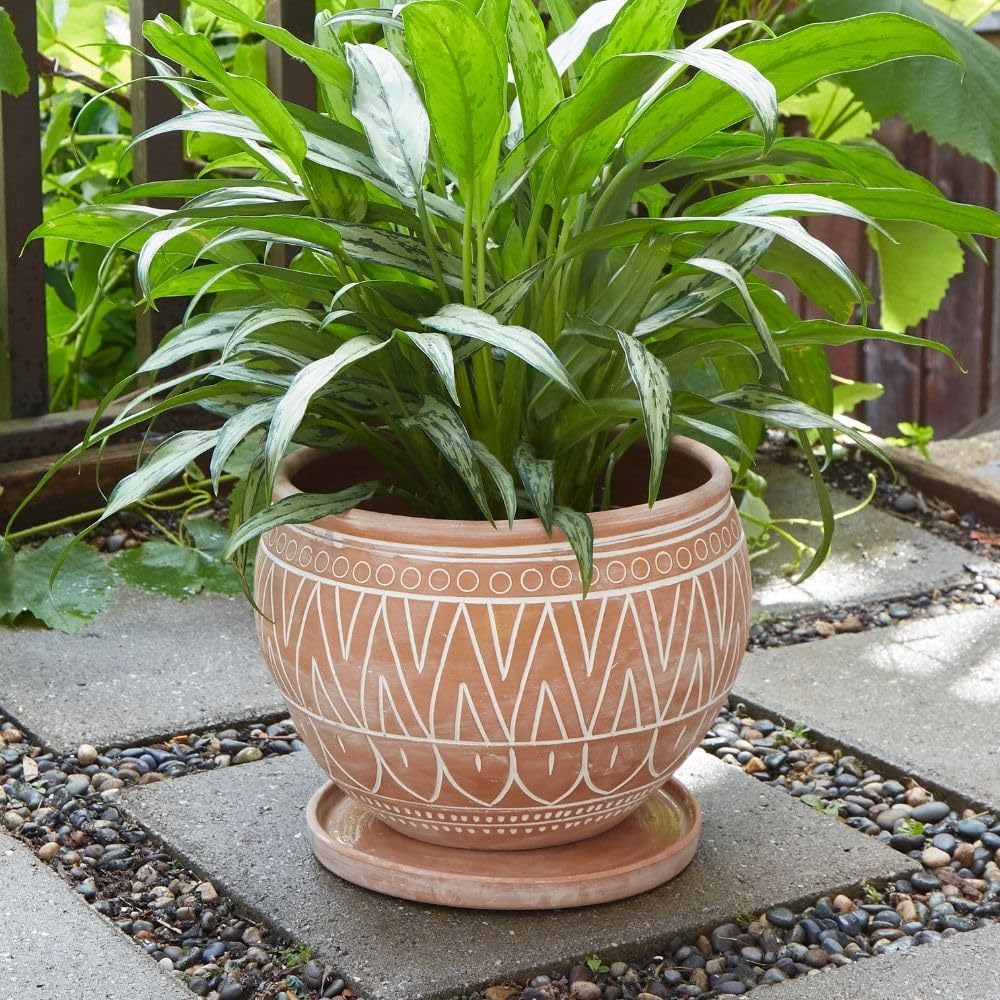 Potthing Large Terracotta Pots with Terracotta Saucer, Plant Pot with Drainage, Engraved Boho Rangoli Design, 14 Inch Plant Pot