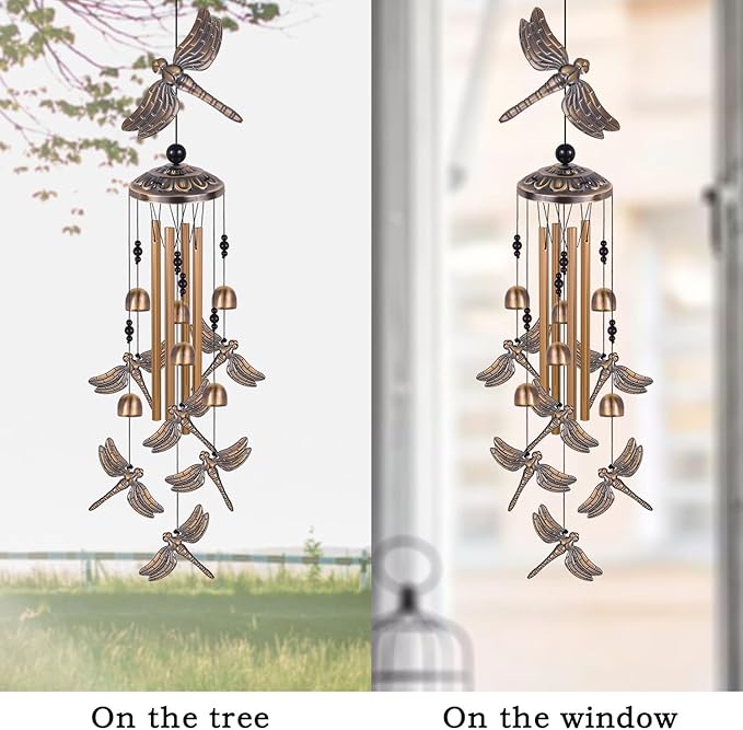 Bronze Dragonfly Wind Chimes - Garden, Home & Patio, Balconies, Room, Indoor, Outdoor Decoration, Dragonfly Decor, Outdoor Dragonflies Wind Catcher, Memorial Wind Bells Gifts for Mom & Women