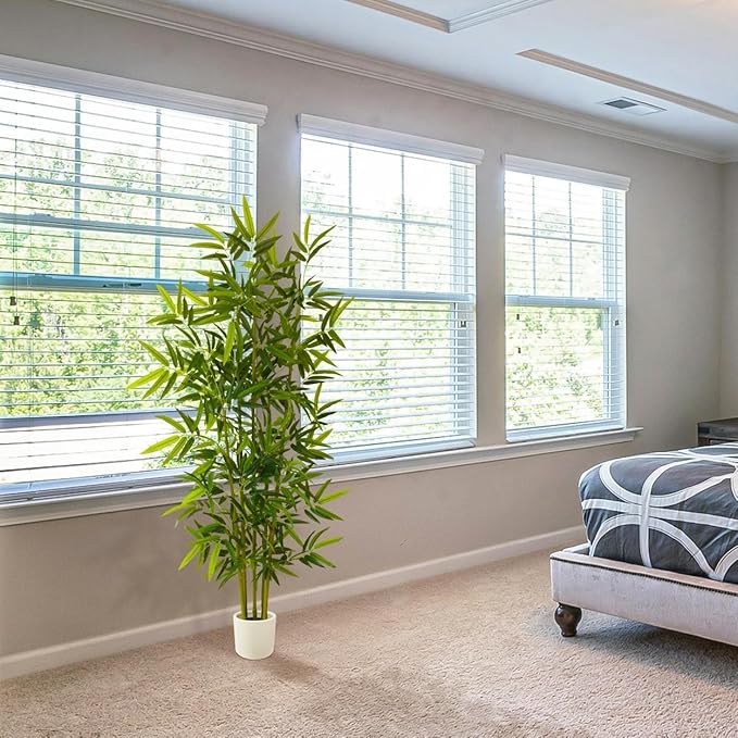 Artificial Bamboo Tree, 6ft Tall Fake Bamboo Plant with White Planter, Faux Trees with 5 Trunks and Lifelike Leaves for Indoor Outdoor Home Office Décor