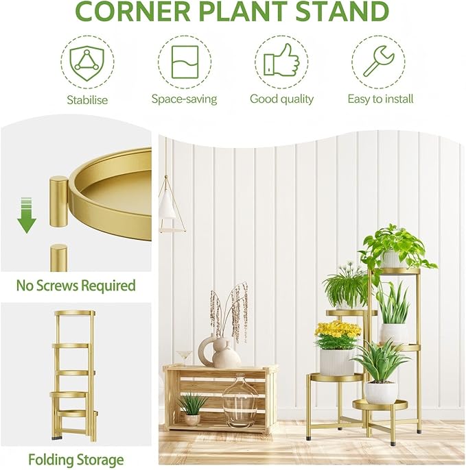 iDavosic.ly 5 Tier Large Plant Stand Indoor, 10 Inch Wide Tall Corner Metal Plant Stands Outdoor for Multiple Plants, Folding Tiered Flower Display Holder Rack Shelf, Gold