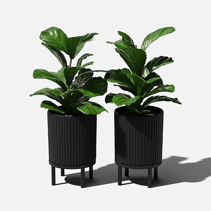 Veradek Demi Series Round Planter w/Stand for Porch/Patio | Durable Plastic-Stone Composite & Wooden Stand | Modern Décor for Tall Plants, Flowers