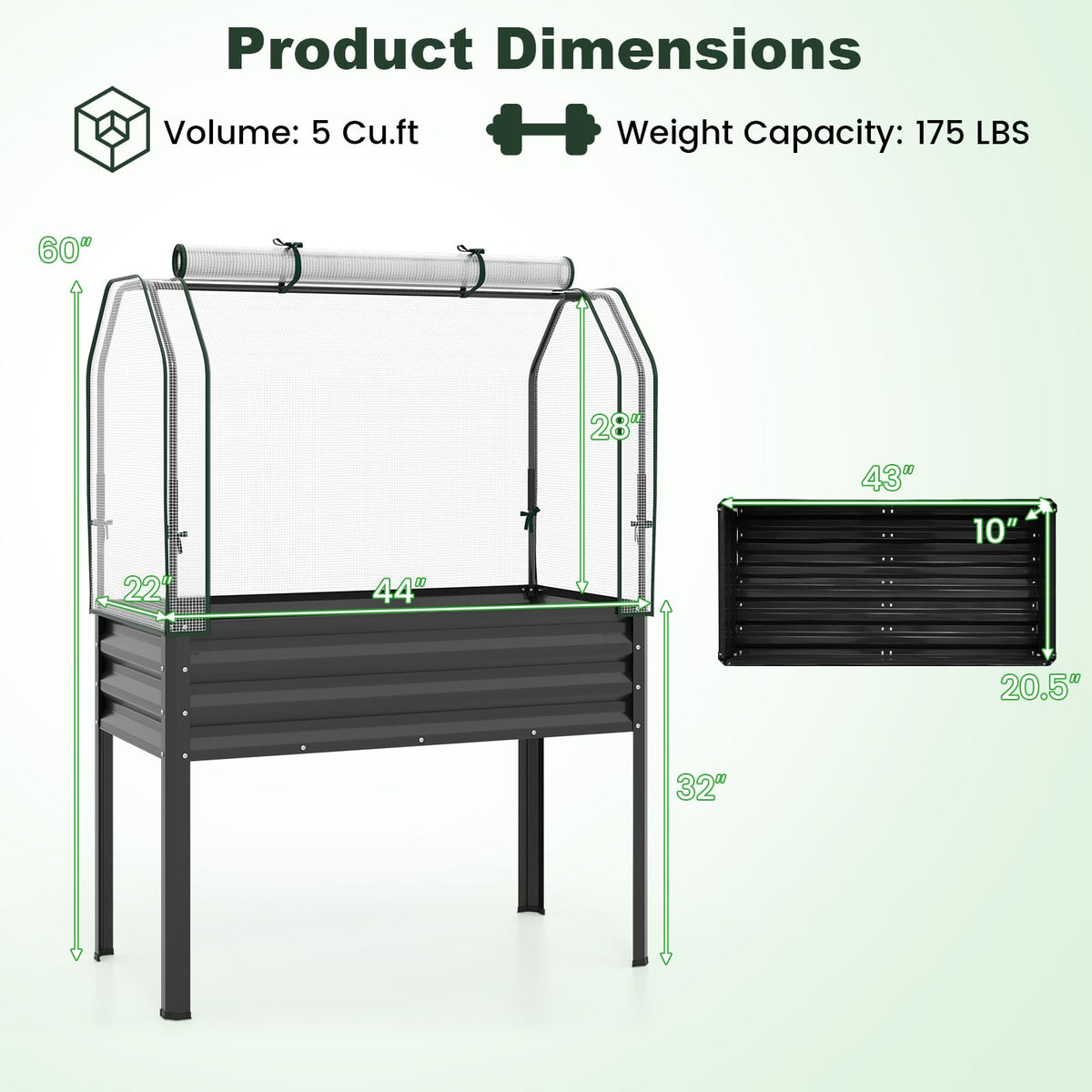 GIANTEX Raised Garden Bed with Legs & Greenhouse Cover, 44x22x60 Elevated Metal Planter Box with Roll-up Door, Outdoor Mini Greenhouse for Vegetable Flower Herb Patio Balcony (Black,1)