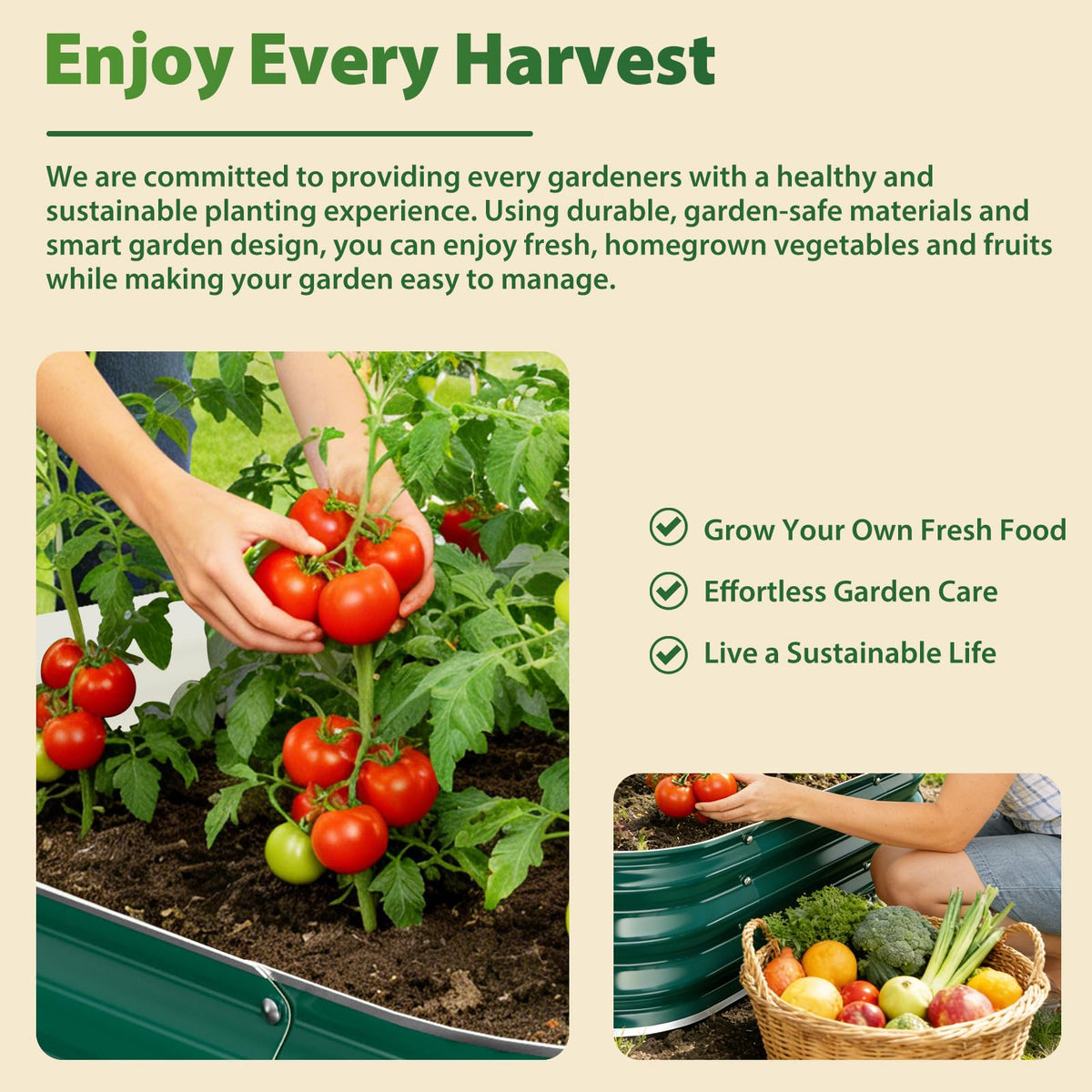 Square Raised Garden Bed 4x4 ft for Vegetables, Herbs & Flowers, 12" Deep