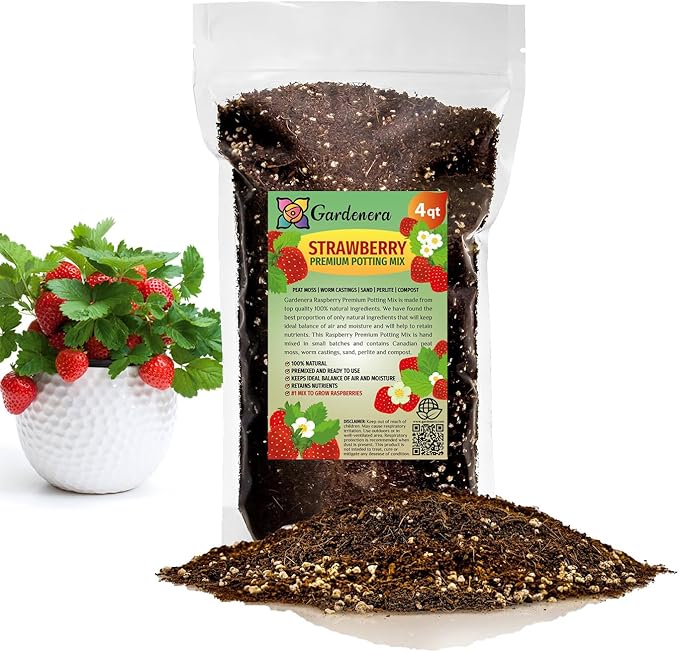 Gardenera Strawberry Premium Potting Soil Mix - Ideal Blend for Growing Robust and Flavorful Strawberries - 4 Quart