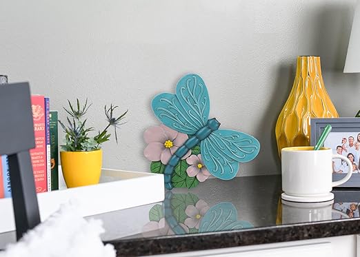 NAT & Jules Animal Character Shaped Dimensional Indoor Outdoor 11 inch Cast Resin Decorative Garden Stepping Stone, Patio, Walkway Sculpture Yard Art, Teal Blue Dragonfly