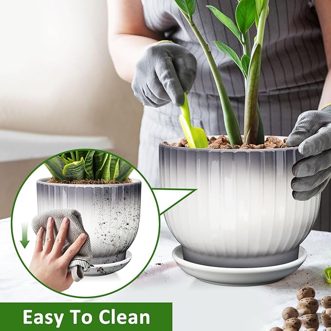 8 Inch Plant Pot, Ceramic Planter with Drainage and Saucer, Ceramic Pots for Plants, Indoor Plant pots,Ceramic Flower pots(Gray + White, Plants NOT Included)