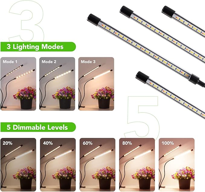 GROWSTAR Plant Lights for Indoor Growing, Full Spectrum 4 Heads Clip Grow Lamps with 10 Feet Cables for Houseplants, Auto On Off Timing 3 9 12Hrs(2 Pack)