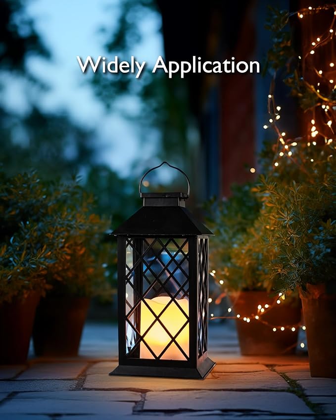 Homemory Solar Lanterns Outdoor Waterproof Hanging with Flickering Flameless Candles, 2 Pack 13'' Garden Outdoor Lantern Decorative for Patio Front Porch Backyard Balcony Cabin Outside Table(Black)
