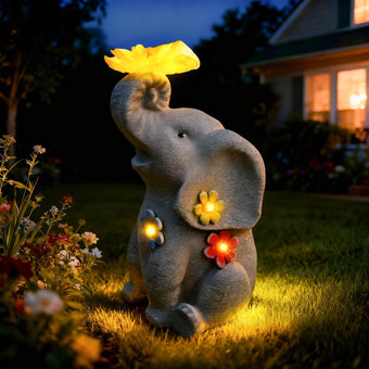 Solar Elephant Garden Statue with Butterfly Light and Glowing Flower