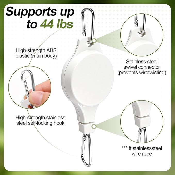 TERVEEX Retractable Plant Hanger with Pulley System, Effortless Raising and Lowering for Indoor and Outdoor Plants, Hanging Planters, Garden Pots & Bird Feeders (4-Pack,White)