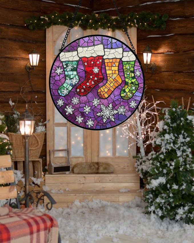 Stained Glass Window Hanging - Christmas Stockings Suncatcher for Doors Home Christmas Decoration Winter Sun Catcher Thanksgiving New Year Birthday Gifts for Women Men Mom Nana Girl 6.3 in