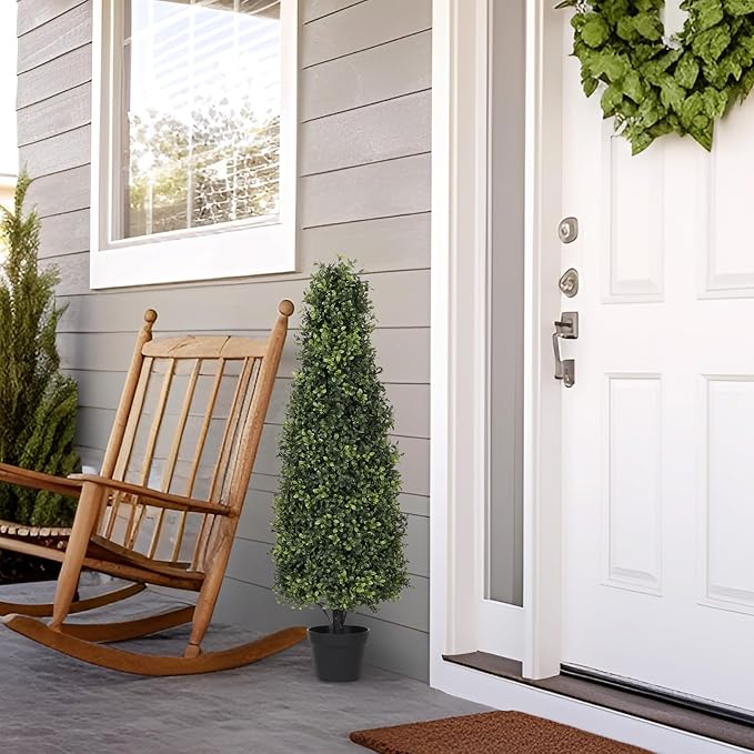 Azoco 4ft Artificial Boxwood Topiary Trees (Set of 2) - UV Resistant Faux Plants Outdoor, Realistic 48in Fake Potted Bushes and Shrubs for Front Porch, Planter, Patio - Low Maintenance & Evergreen