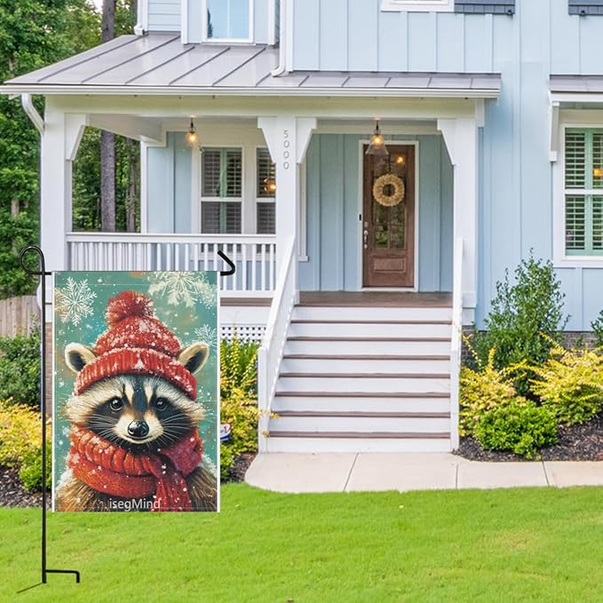 Raccoon with Red Scarf and Hat Snowflake Christmas Garden Flag, 28x40 Inch Double Sided Linen Holiday Red Winter Farmhouse Yard Outdoor Decoration (4326)